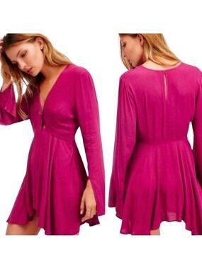 FREE PEOPLE 100% Rayon Jackson Fuchsia Tunic / Mini Dress Bell Sleeve Boho Sz 2